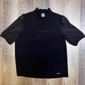 Anne Klein Black Blouse with Sheer Polka Dot Sleeves